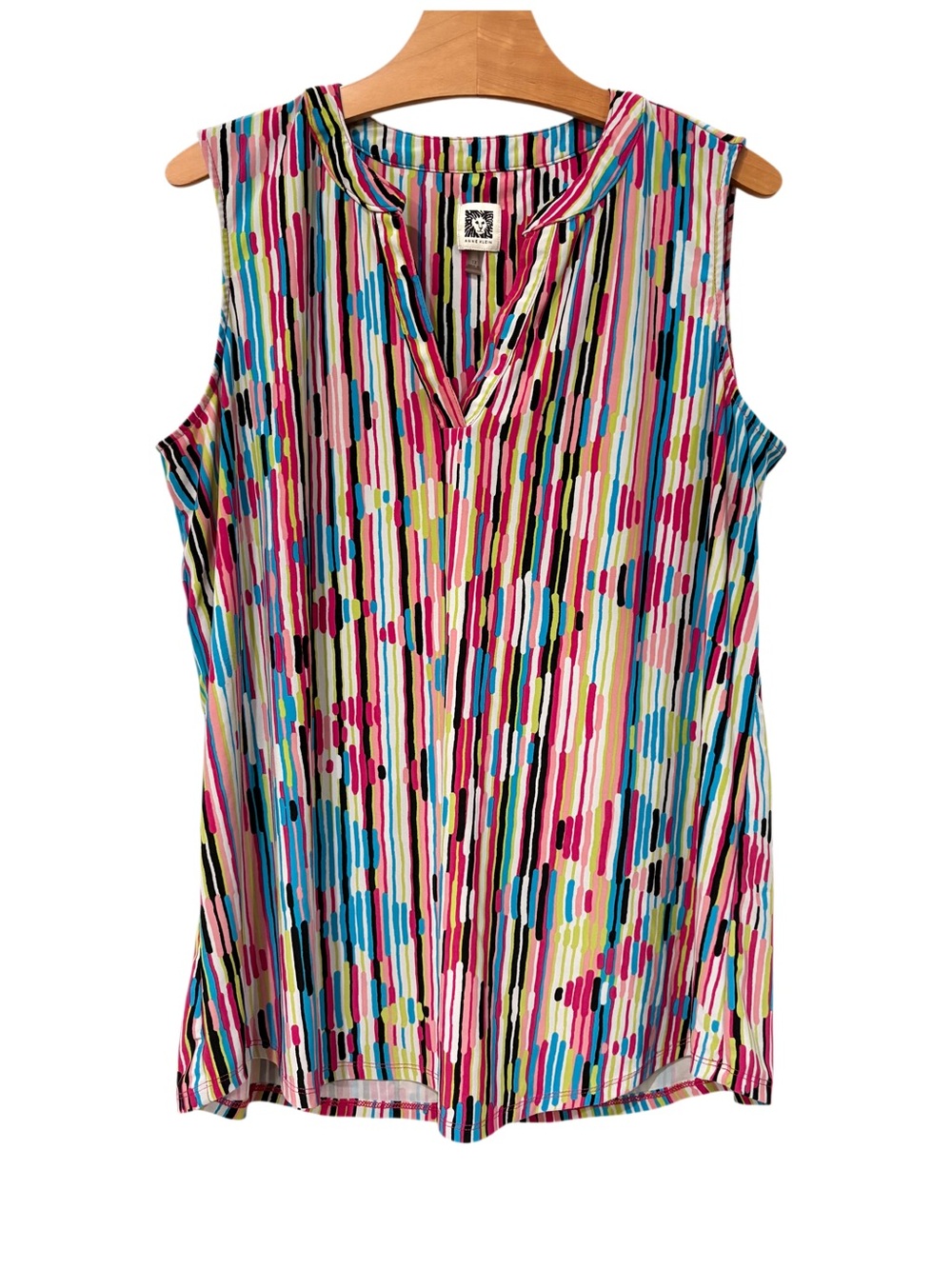 Anne Klein 1X Sleeveless Split Neck Blouse Multi Color Stripe